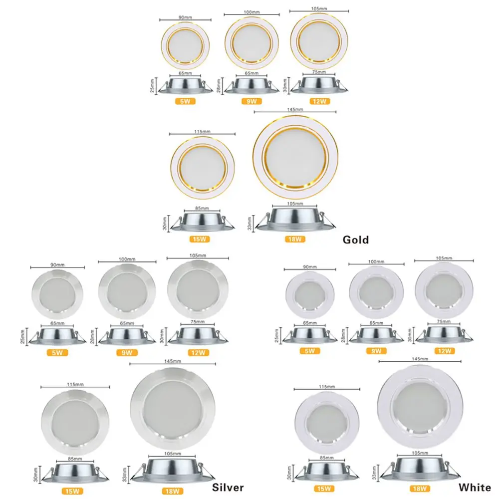بارد دافئ الذهب الأبيض/الفضة/الأبيض الجسم داخلي مصباح ليد الإضاءة مصباح السقف المستدير Led النازل بقعة ضوء Led مصباح لوح