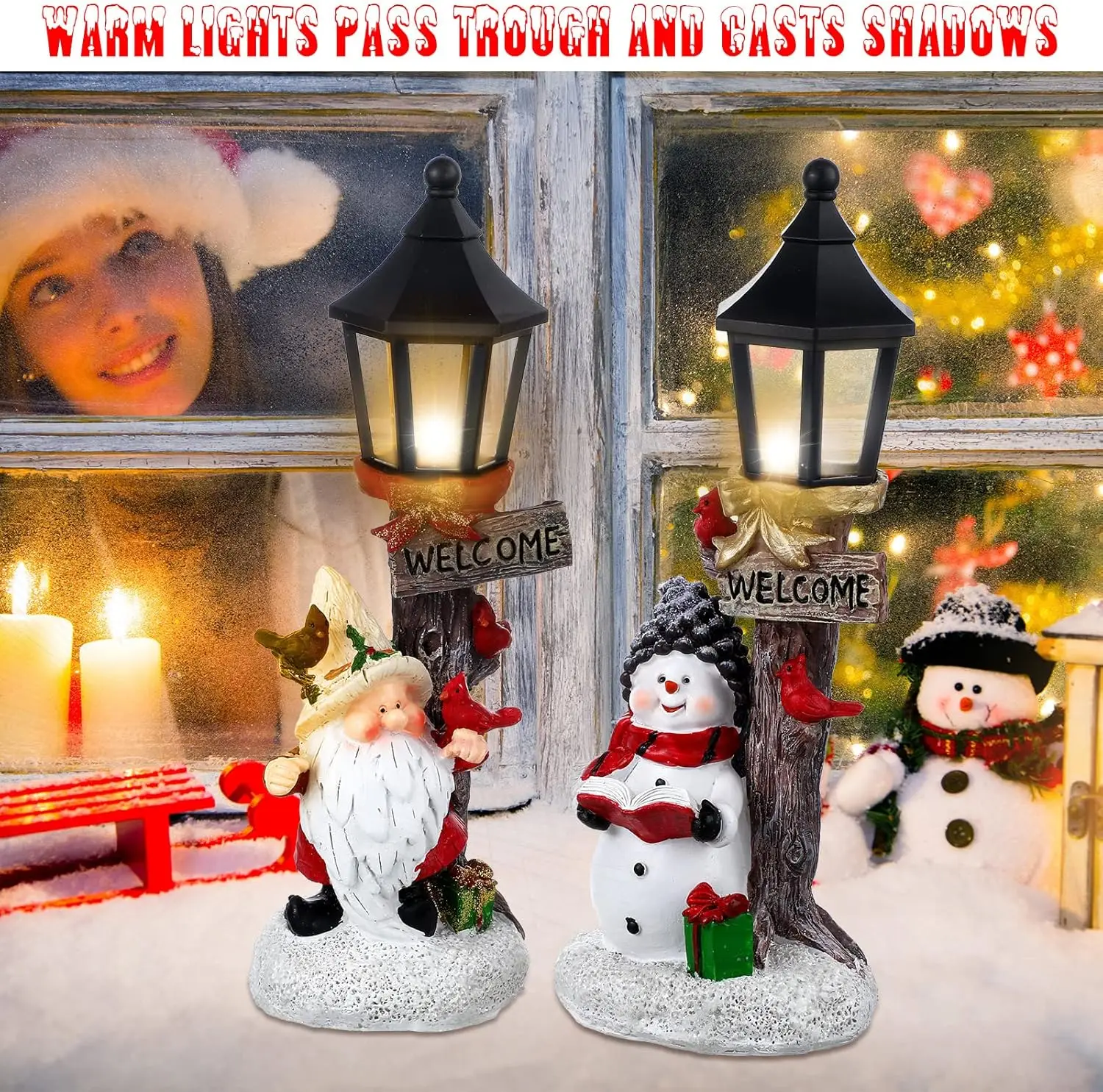 4 Pcs LED Lighted Christmas Village Centerpieces with Santa Snowman, Battery Operated for Home Table Decor