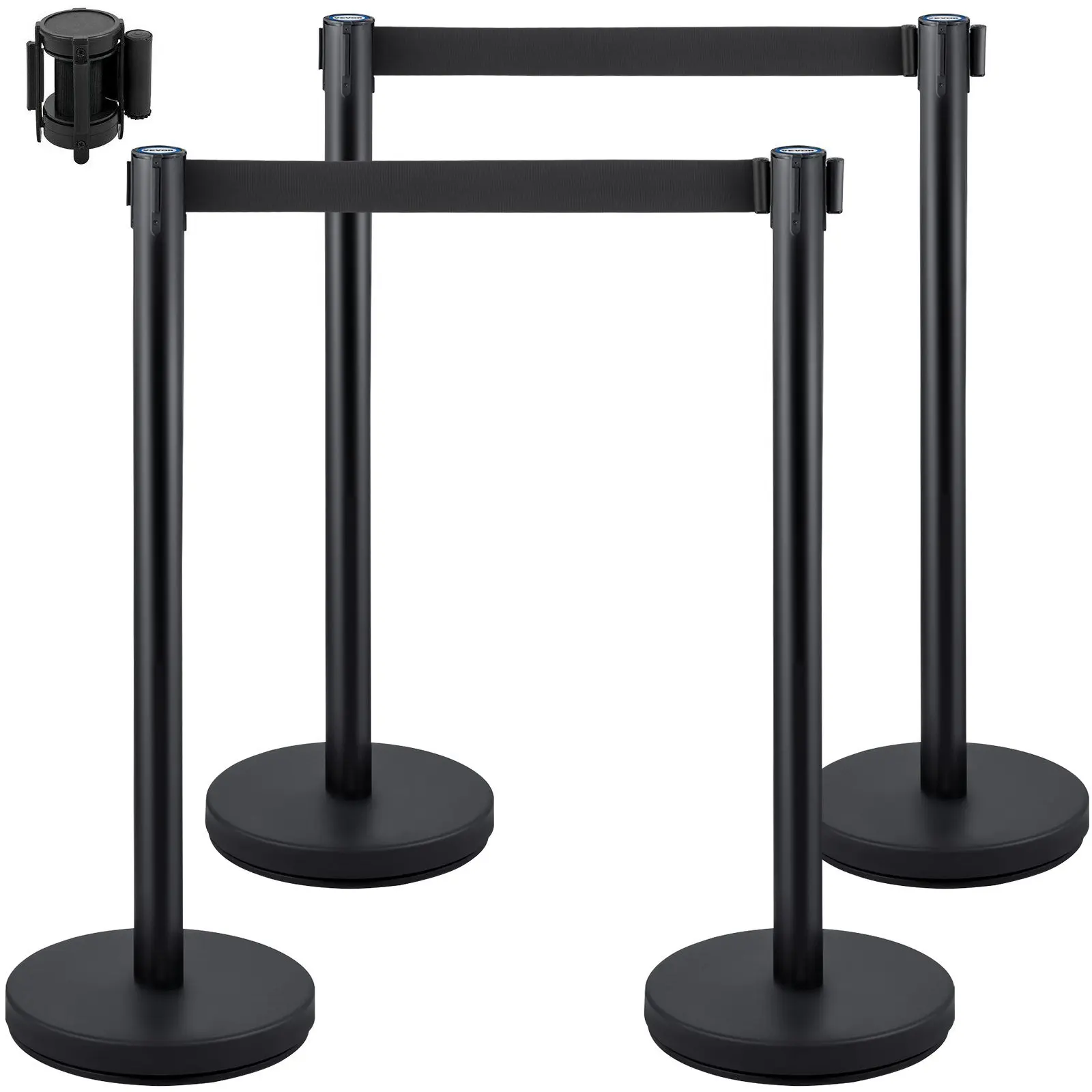 VEVOR Crowd Control Stanchion, Set of 4 Pieces Stanchion Set, Stanchion Set with 6.6 ft/2 m Black Retractable Belt, Black Crowd