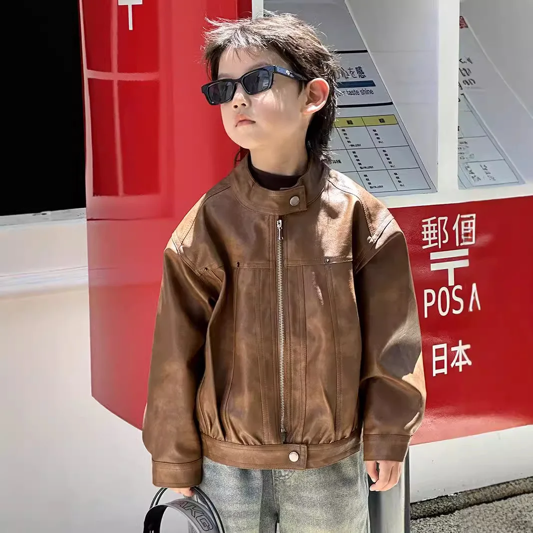 

Children Clothing Kids Leather Clothes 2024 Autumn and Winter New Boy Korean Style All Matching Solid Color Leather Jacket