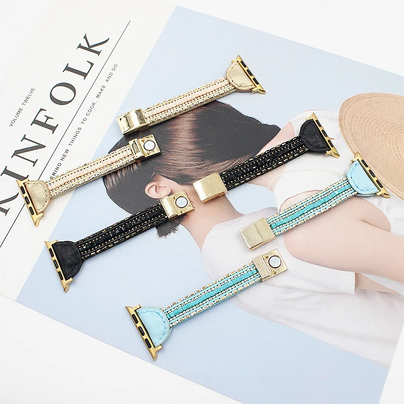 Leather Strap For Apple Watch band 44mm 40mm 42mm 38mm bracelet belt smart watchband iwatch series 6 5 4 3 se 7 45mm 41mm beads