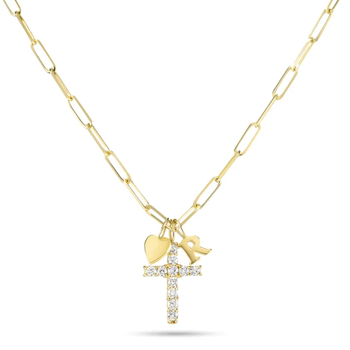 Women's Personalized Cross Letter Heart Pendant Necklace 18k Gold Plated CZ Initial Disc Love Charm Paperclip Chain Jewelry Gift