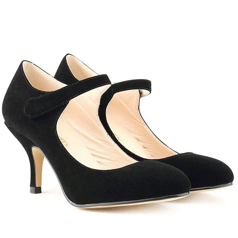 

2025 Spring New Fashion Women High Heels Round Toes Pumps Mujer Buckle Solid Black Shoes Ladies PU Leather Wedding Shoes Femme