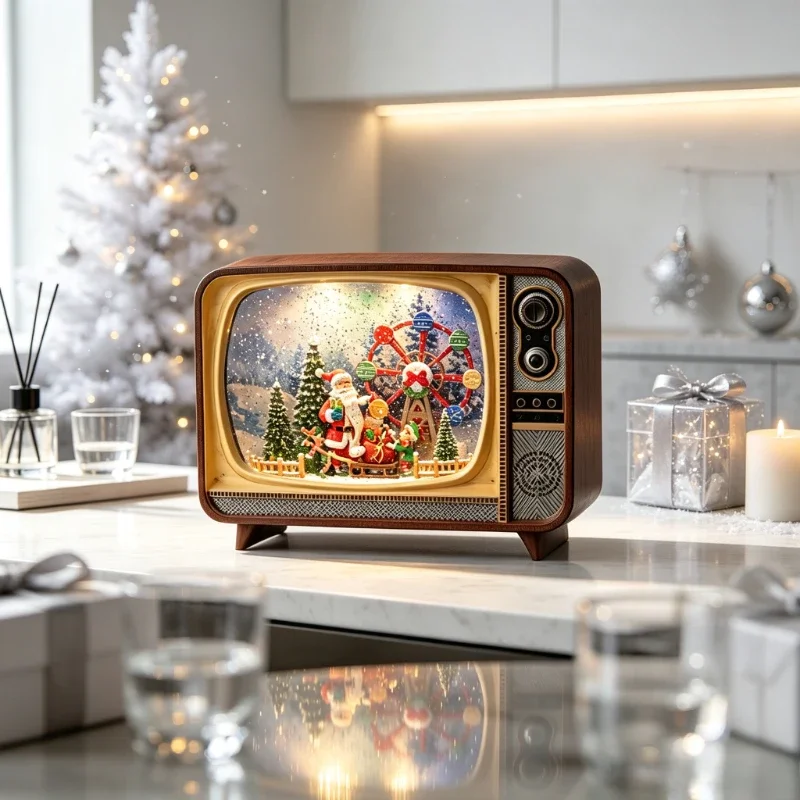 Crystal TV-Shape Music Box, Snow Globe with Auto-Snowfall for Christmas Gift, Festive Tabletop Decorative Ornament for Home