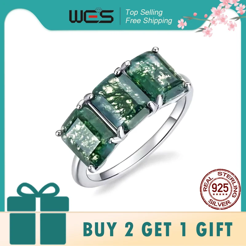 

WES стерлингового серебра 925 пробы, три камня, натуральный 6*8 мм, кольцо с моховым агатом для женщин, роскошные ювелирные изделия, подарок для свадебной вечеринки, родиевое покрытие