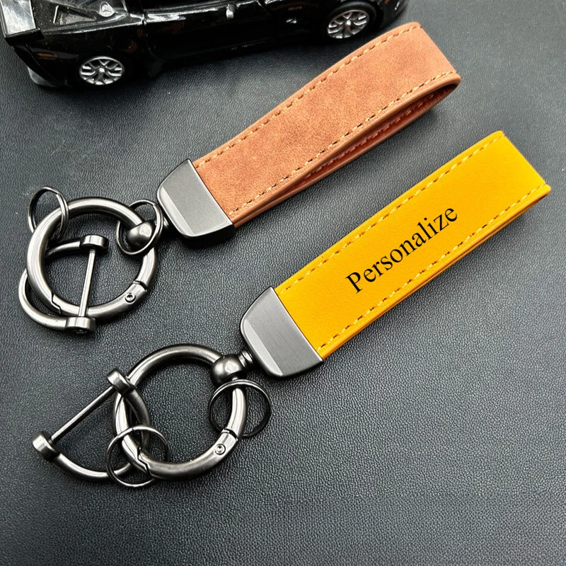 

Laser Engrave Double Colors Crazy Horse Leather Keychain Custom Car Logo Key Chain Ring Personalize Name Number Vintage Keyring