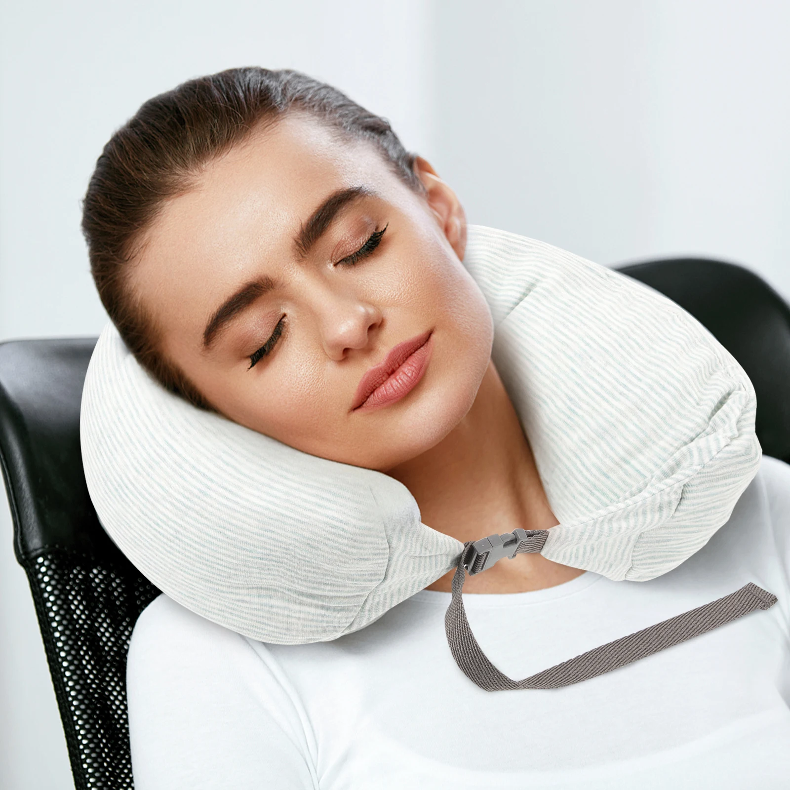 

Soft Neck Pillow U-Shaped Cushion Cervical Support Travel Car Office Green Portable Headrest Breathable Fabric Buckle Zip Cover
