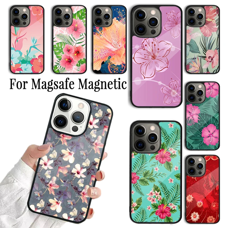 Phone Case For iPhone 16 15 14 13 12 Mini 11 Pro Max Plus Magsafe Magnetic Wireless Charging Cover Butterflies Hibiscus Flowers