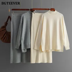 BGTEEVER 2 Pieces Knit Sets Women Maxi Skirt Tracksuits Winter Warm Turtleneck Sweater Ladies Long Skirt Two Pieces Sweater Sets