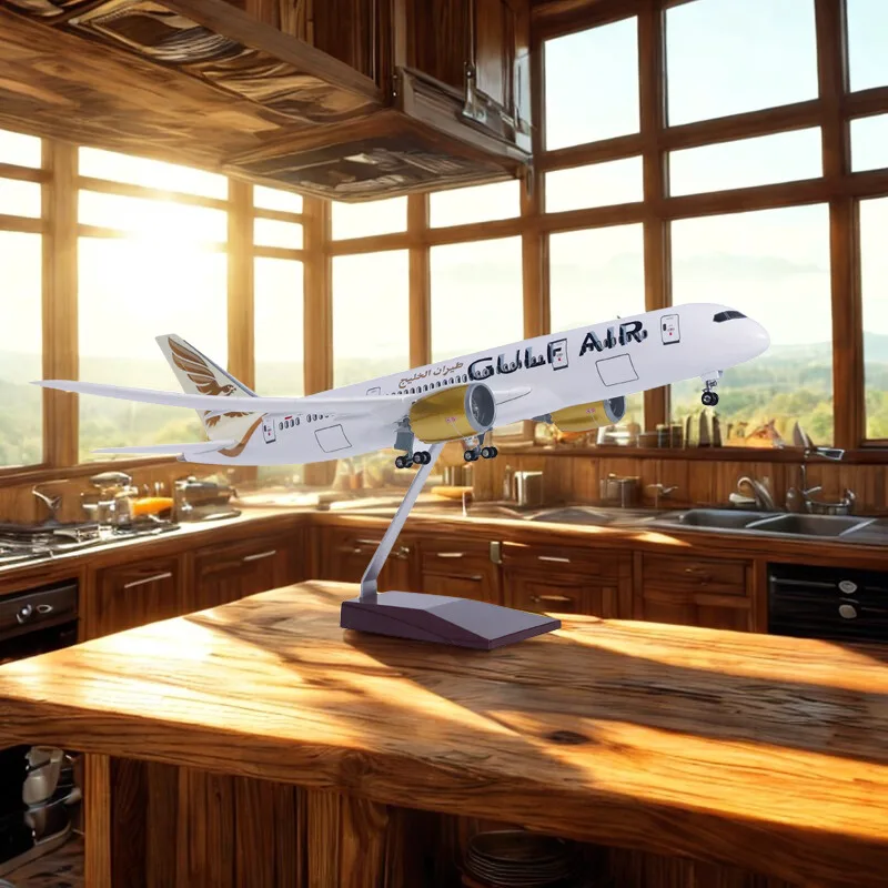 

43cm Diecast Airplane B787 Gulf Air Resin Model Kit 1/130 Scale Aircraft Replica With Lights Wooden Base Souvenir Adult Toy Gift