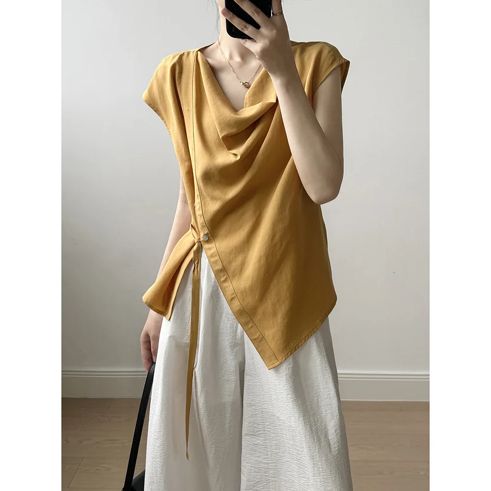 

Summer blouse flying sleeves short sleeves asymmetrical split ends
