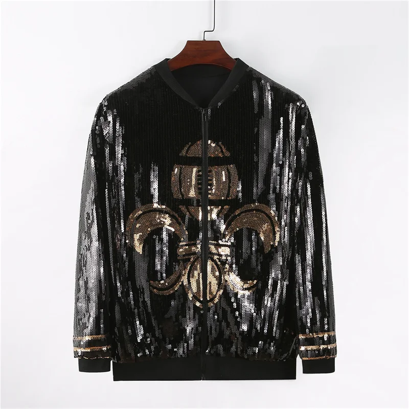 Runway Autumn Long Sleeve Sequins Geometry Outerwear Loose Stand Neck High Quality Streetwear Zipper Hip Hop Women Coats