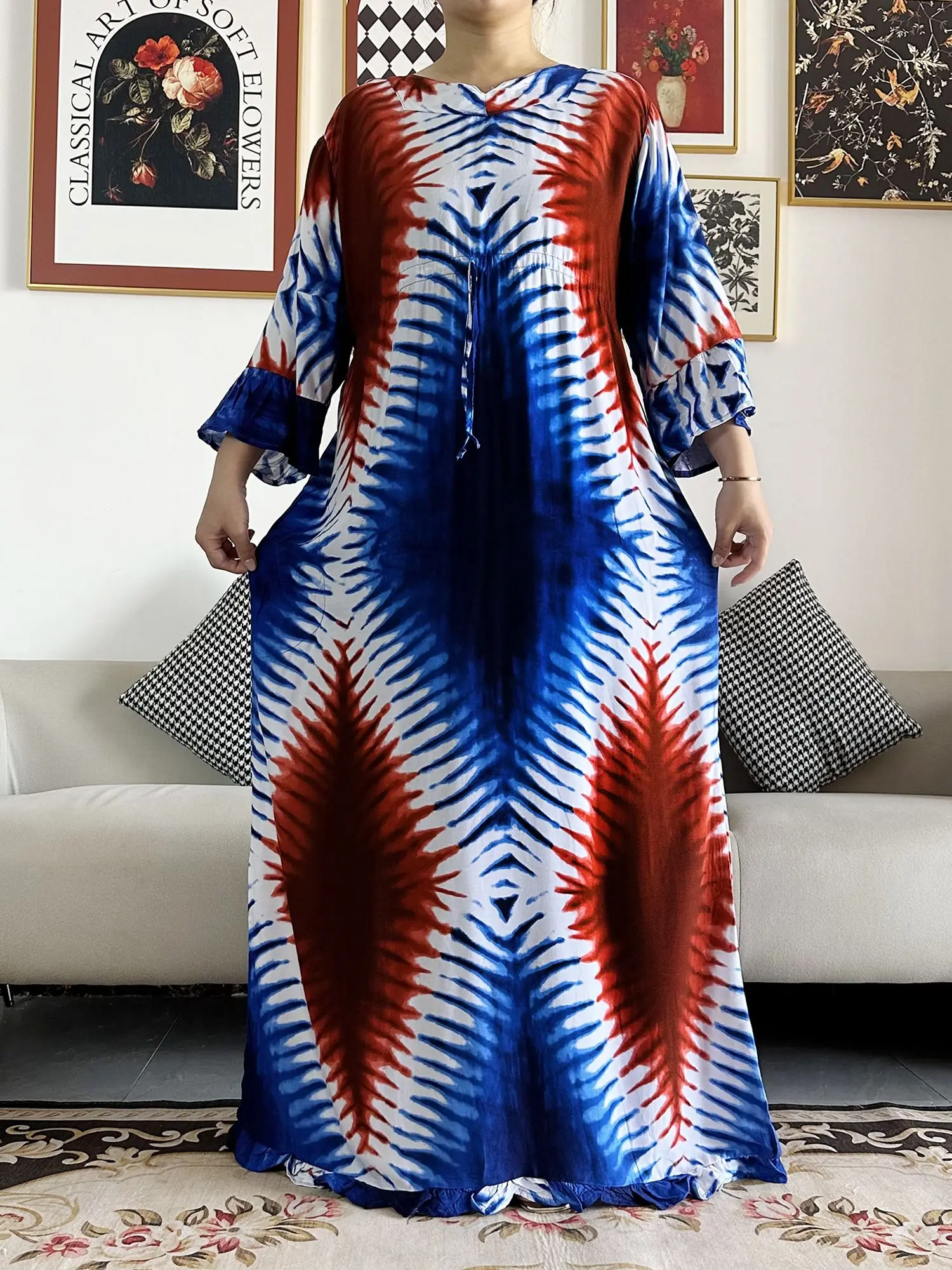 2024 New African Women Long Sleeve Tie-dyed Colorful Dashiki Cotton Floral Dress Printing Loose Caftan Dress Casual Vestido