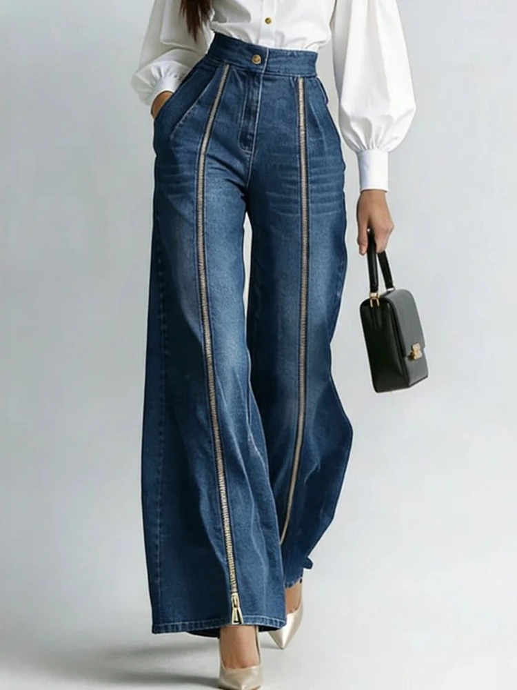 Women's Casual Solid Loose Jeans Fashion High Waist Zipper Adjust Wide Leg Denim Pants Chic New Daily Street Plus Size Trousers