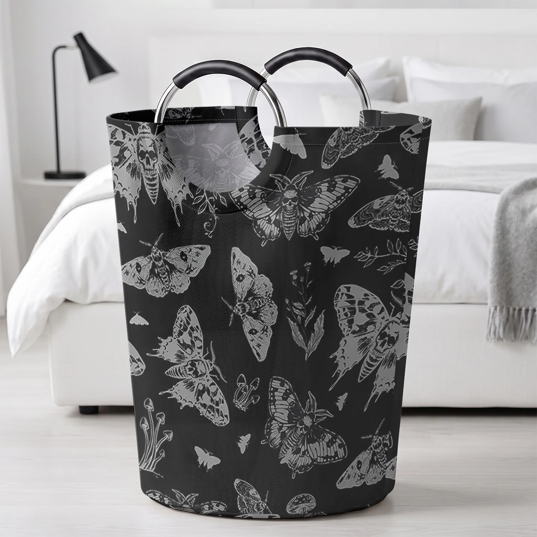 Black Background Moth & Mushroom Print Handheld Storage Basket, Large Capacity, for Dirty Clothes, Bedroom Sundries, Toys