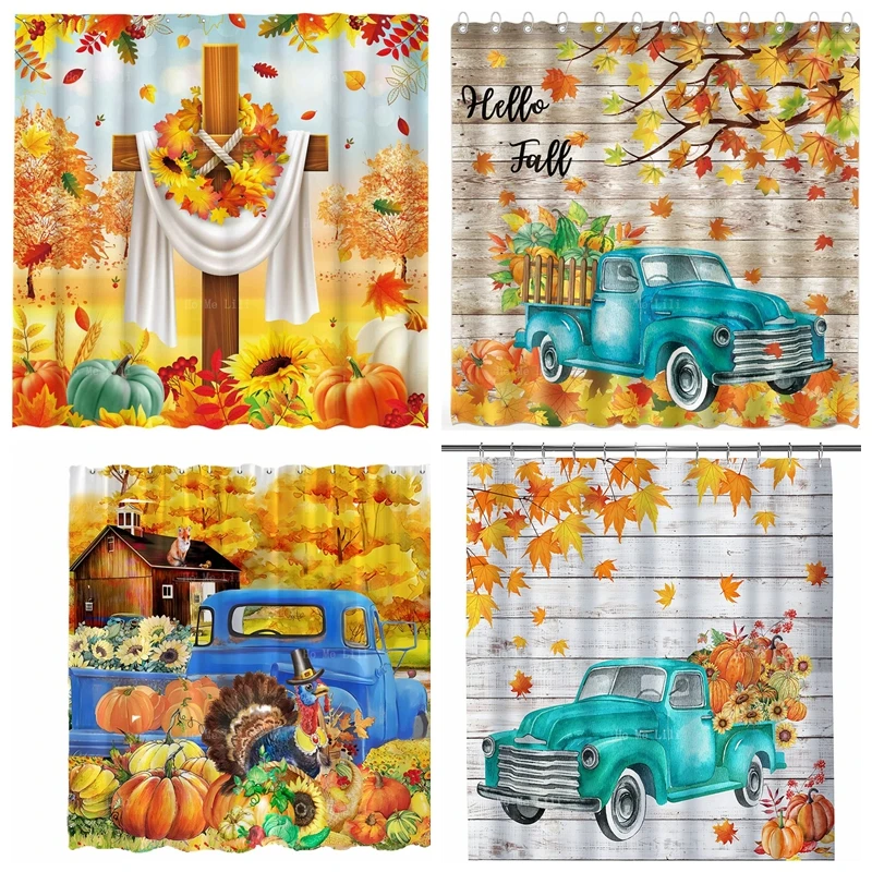 Fall For Jesus He Never Leaves Autumn Pumpkin Farm Truck Maple Leaf Thanksgiving Harvest Waterproof Polyester Shower Curtains