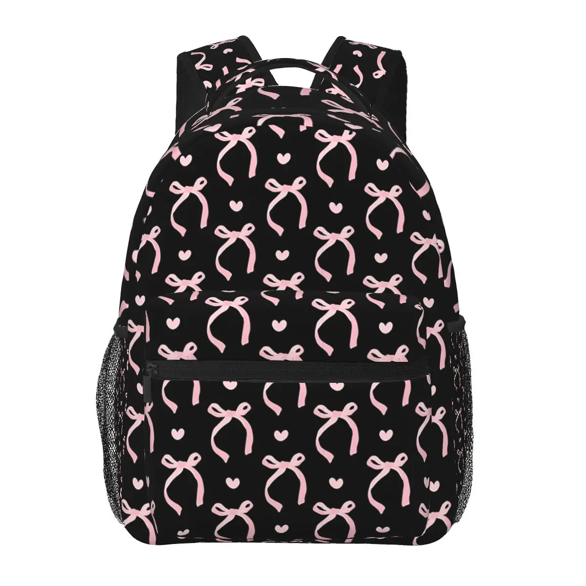 

Pink Bow In Blackground Pattern Student Backpack School Bag Hiking Travel Daypack for Boys Girls Fashion Bookbag Shoulder Bags