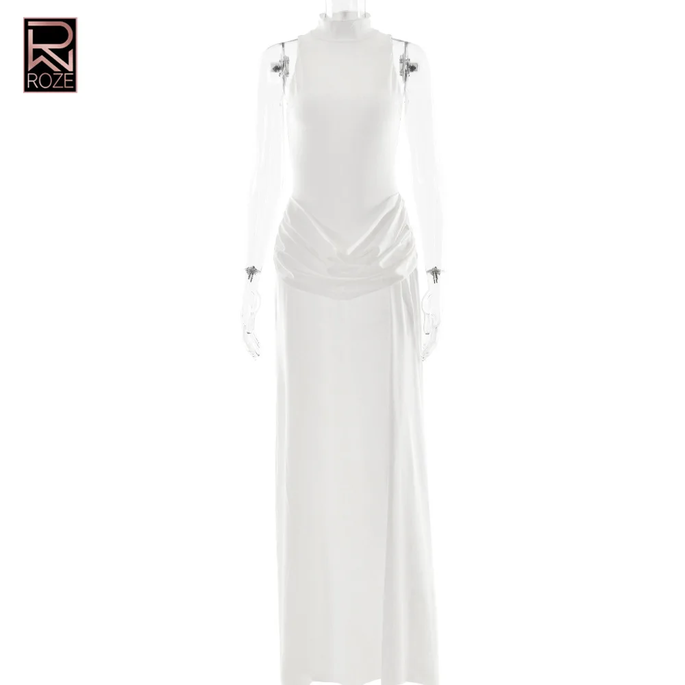 2025 Vestido bodycon sexy com fenda alta – Vestido longo feminino sem mangas com babados na cintura, vestido de noite transfronteiriço elegante