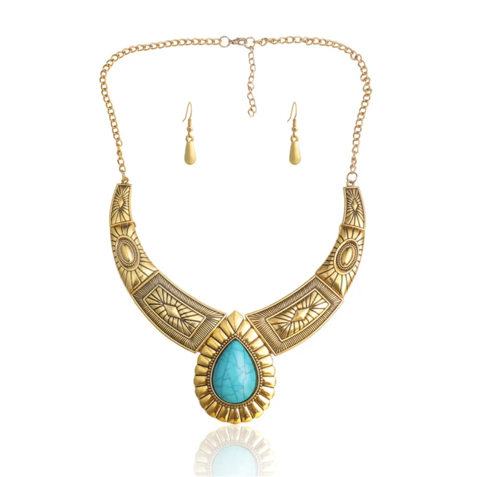 Girls Vintage Ethnic Costume Jewelry Set Antique Gold Turquoise Pendant Necklace And Drop Earrings For Party Cosplay Accessory