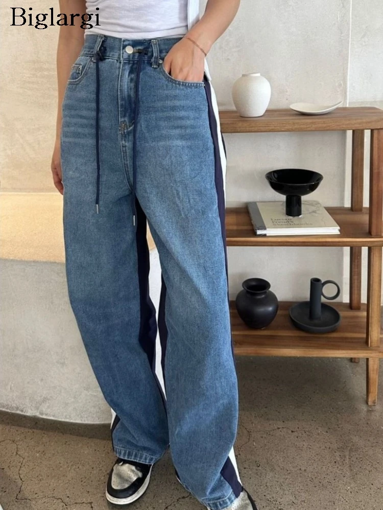 

Spring Summer Long Pant Women Denim Patchwork Fashion Striped Ladies Trousers Korean Style Loose Pleated Casual Woman Pants