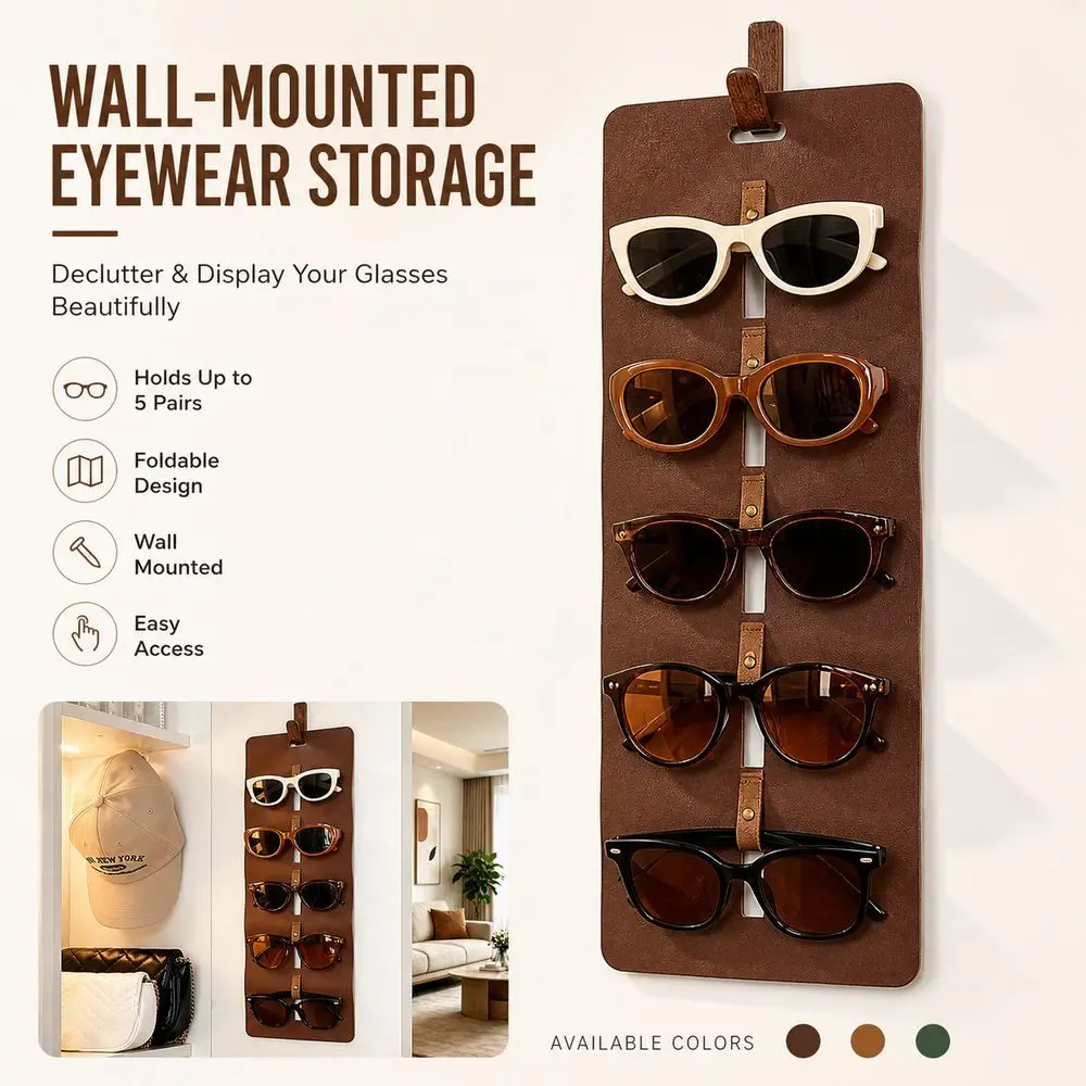 Leather Sunglasses Organizer Foldable Wall Mounted Eyeglasses Holder Hanging Solid Glasses Storage Hanger Eyewear Organization