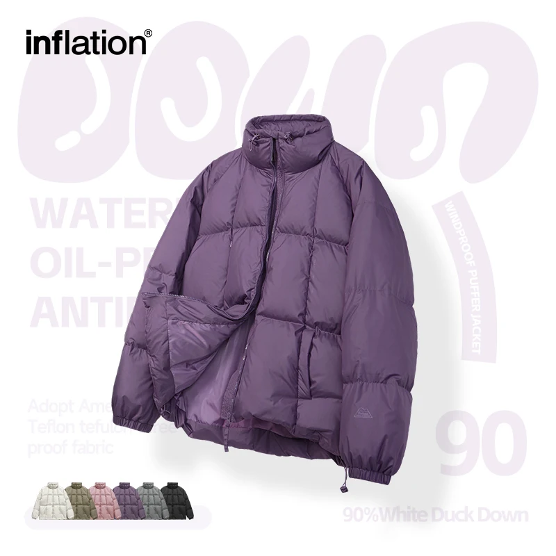 INFLATION Solid Color Puffer Jacket Unisex Stand Collar Windproof 90% White Duck Down Jacket Mens Outdoor Outerwear