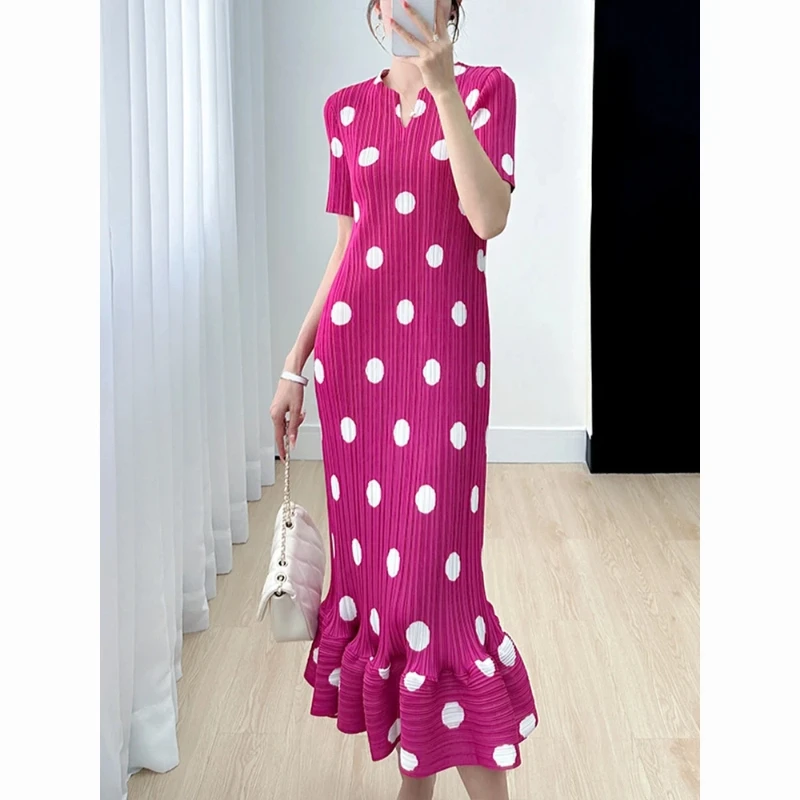 

Elegant Women's Polka Dot V Neck Short Sleeve Ankle Length Trumpet Dress With Ruffle Hem Summer Fashion Style