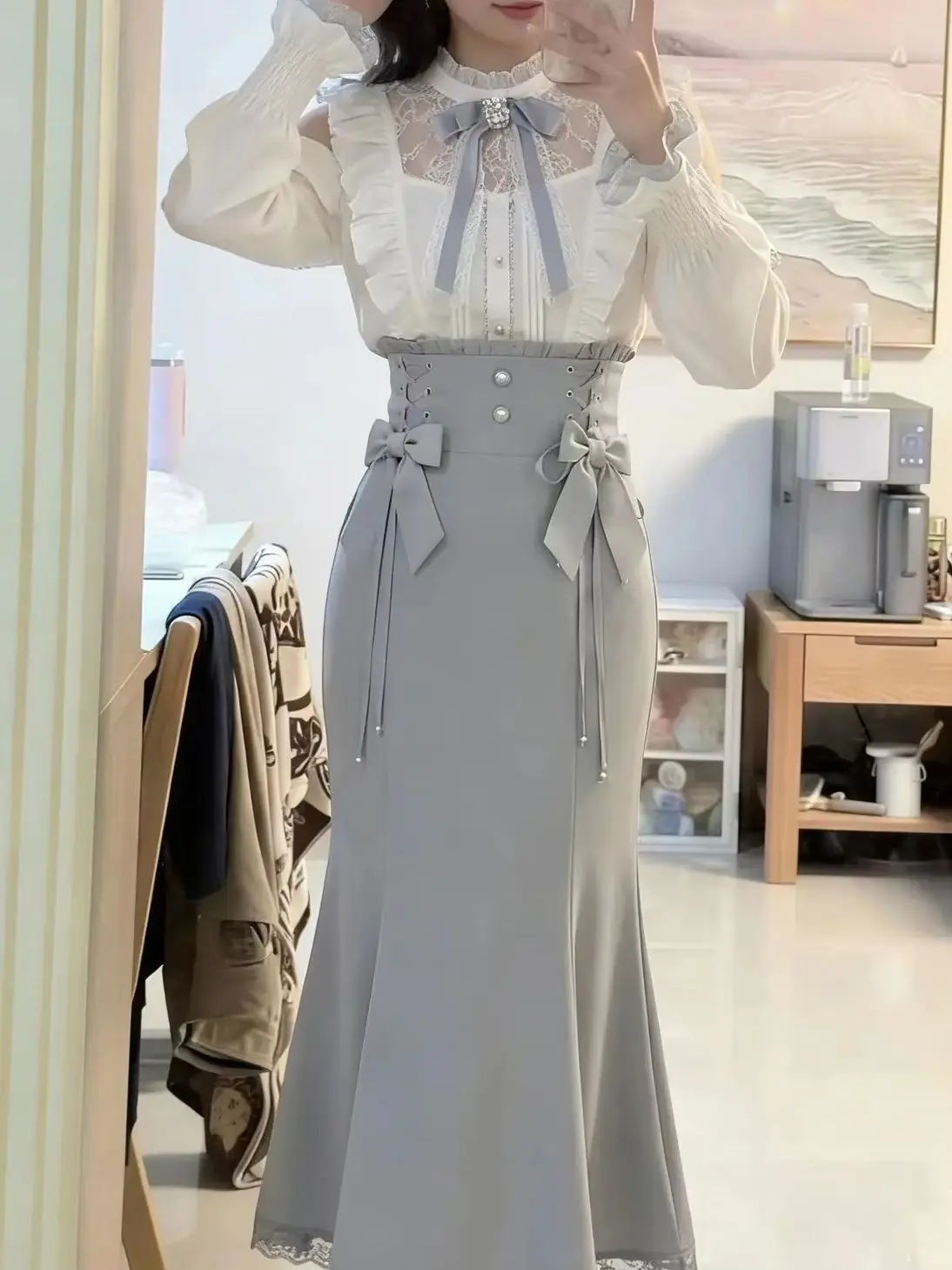 Sweet Japanese Pure and Fresh Elegant Gentle Subculture Off-Shoulder Blouse Top + Long Fishtail Skirt Kawaii Women's Set