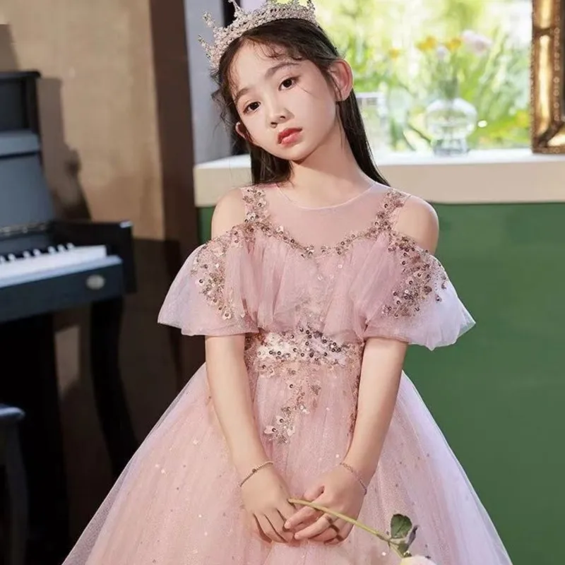 2026 Creative New Children's Evening Dress Girls' Wedding Skirt Birthday Princess Dress Kids' Piano Performance Dress LJ662