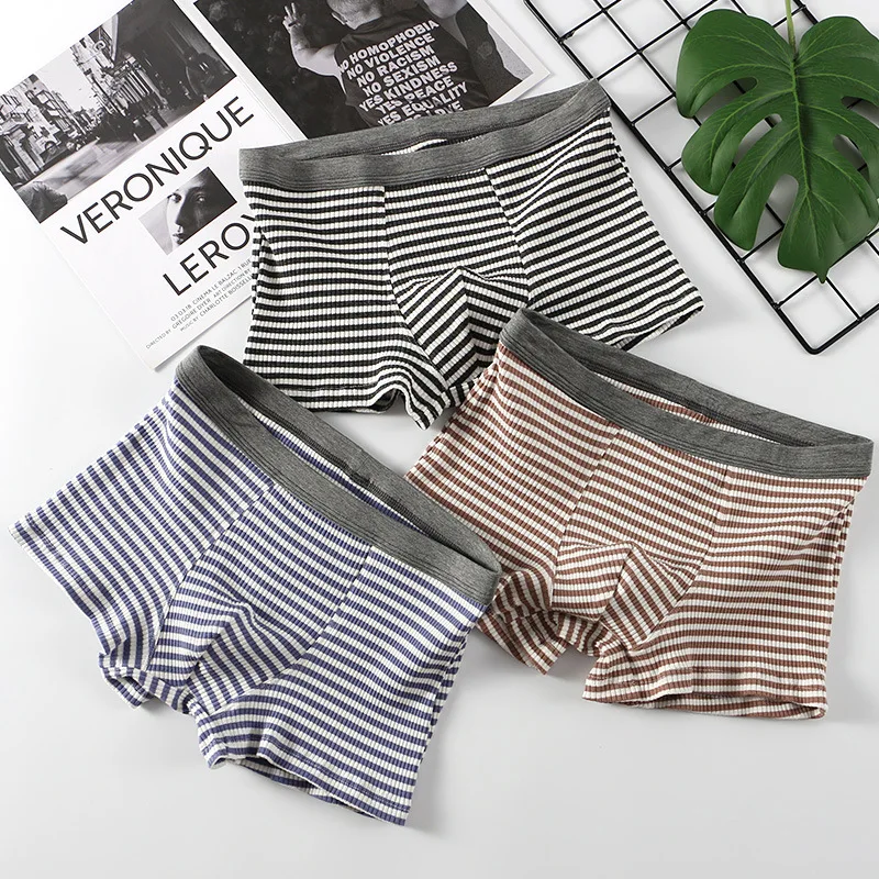 

Мужские хлопковые боксеры со средней посадкой в полоску, мягкие, дышащие, с U-образным карманом, удобные трусы-боксеры для мужчин