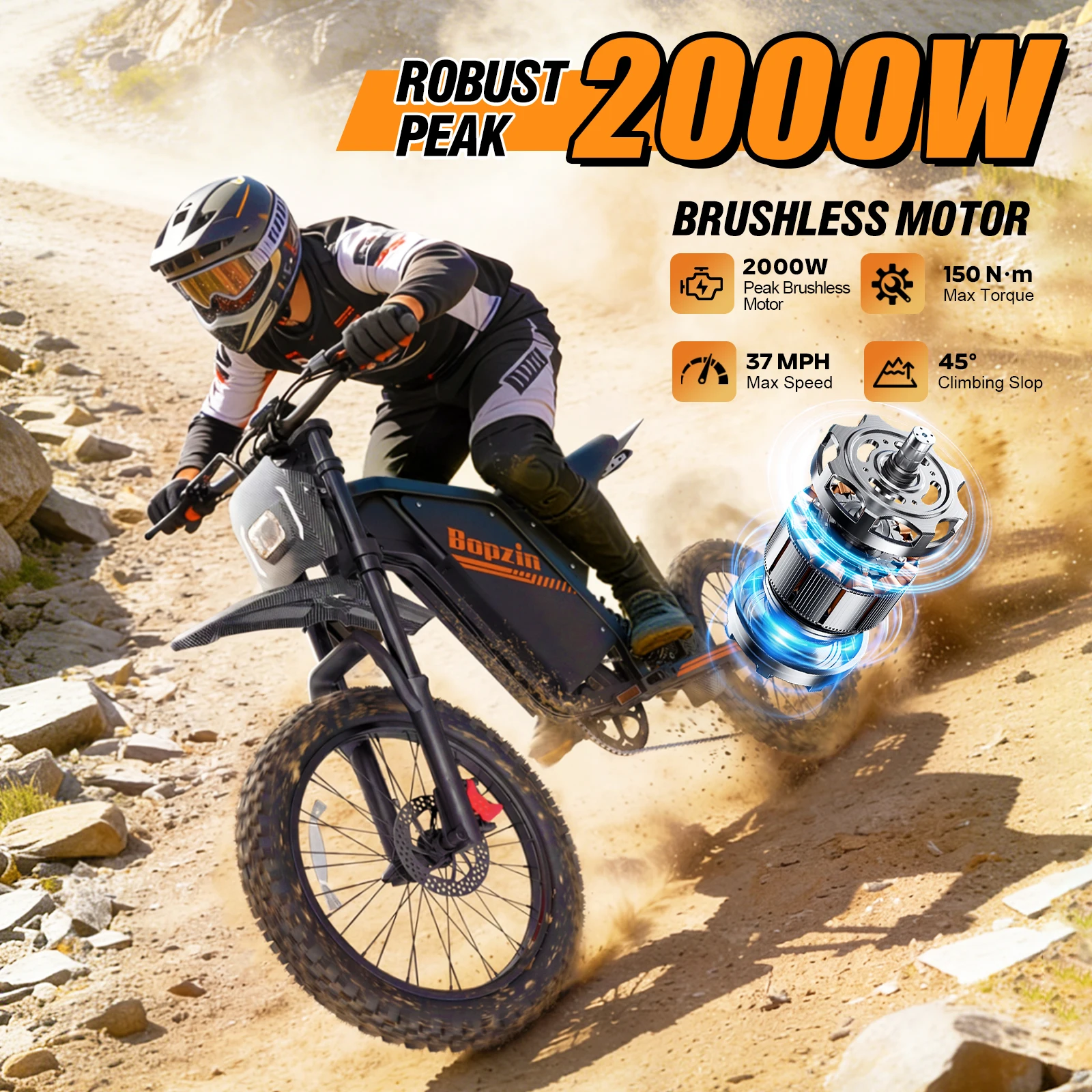

Bopzin Peak 2000W 52V 25AH Battery Electric Dirt Bike For Adults Electric-Motorcycle Hydraulic Brakes Full Suspension Off-Road eBike