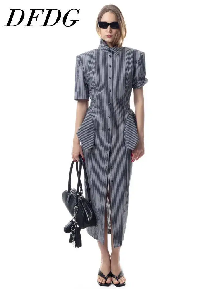 

DFDG Women 2026 Spring Summer Striped Shirt Dress Point Collar Short Sleeve Peplum Waist Slit Hem Elegant Office Casual Dress