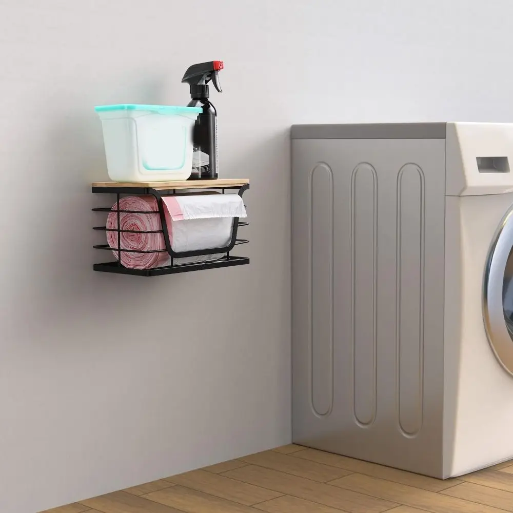 

Держатель для мусорных пакетов из углеродистой стали, 2 шт., экономия места, с бамбуковой крышкой, корзина для хранения фруктов, черный диспенсер для мусорных пакетов, для кладовой