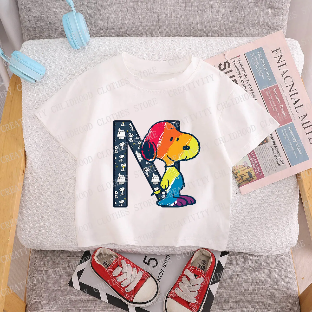 Snoopys T-shirt Letter A B C D Children Summer Tee Shirts Kid Kawaii Cartoons Dog Short Sleeve Cute Girl Boy Casual Clothes Tops