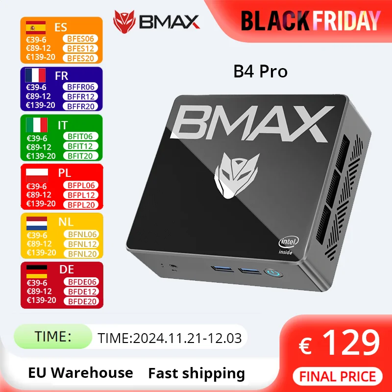 BMAX B4 Pro Mini PC Windows11 PC Intel N97 16GB DDR4 512GB SSD 2*HDMI Supports 4K@60Hz 1.2GHz Intel UHD Graphics