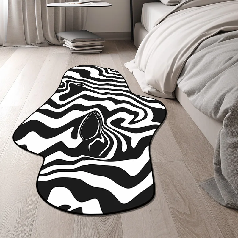 Fashion Irregular Carpet for Bedroom Decor Bedside Large Area Soft Non-slip Bedside Rug Black and White Stripe Style Floor Mats