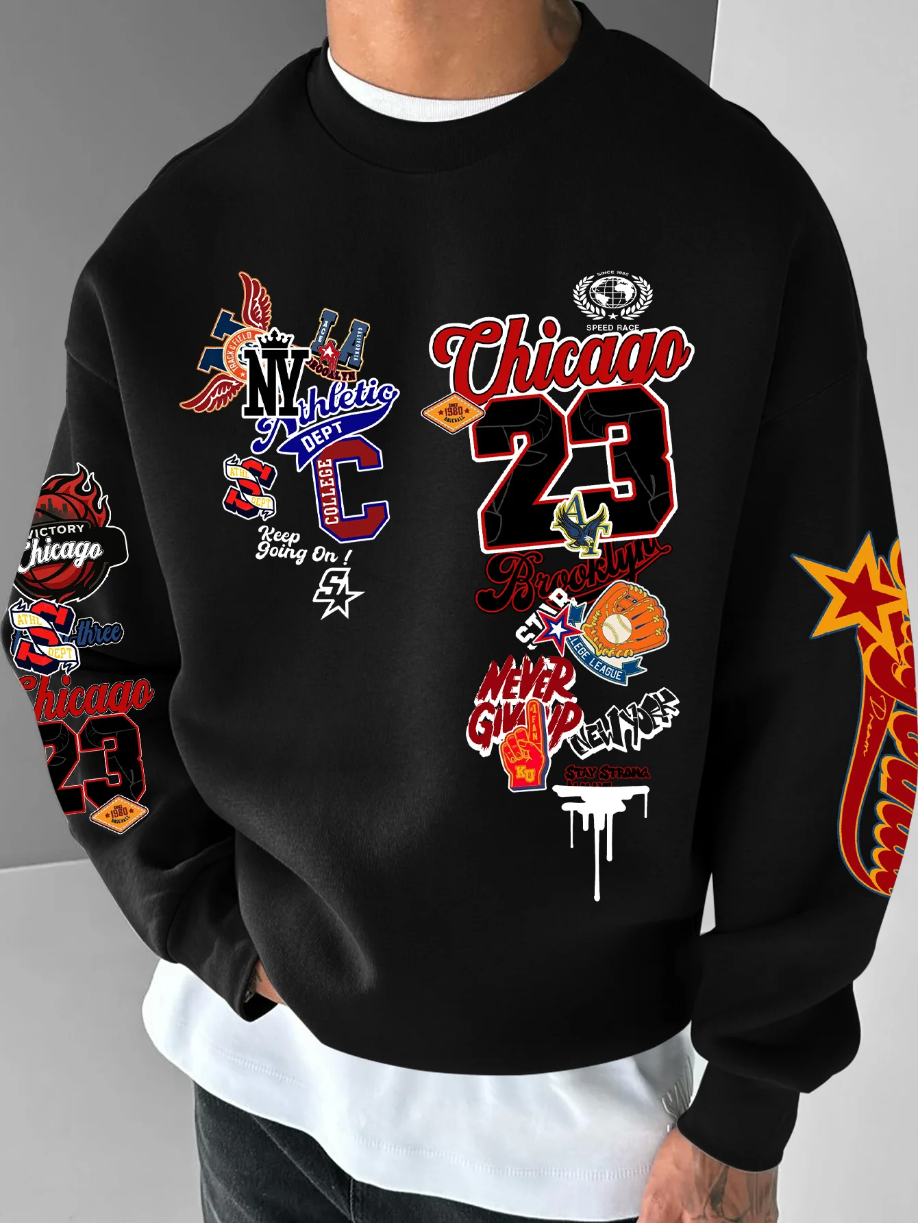 Herren-Sweatshirt mit Rundhalsausschnitt, American Street Style, Chicago 23 Multi-Badge-Print, Polyester, Alltagskleidung, S-XXL – Detail 2