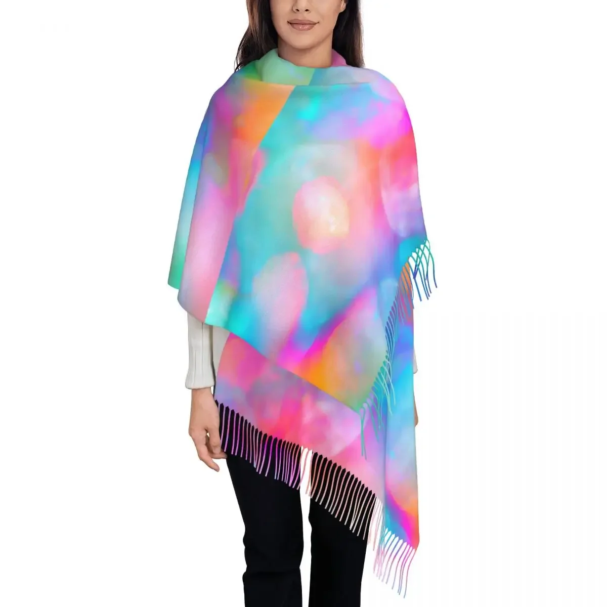 Colorful Rainbow Scarf with Tassel Abstract Print Outdoor Shawl Wraps Female Printed Head Scarves Autumn Casual Bufanda Mujer