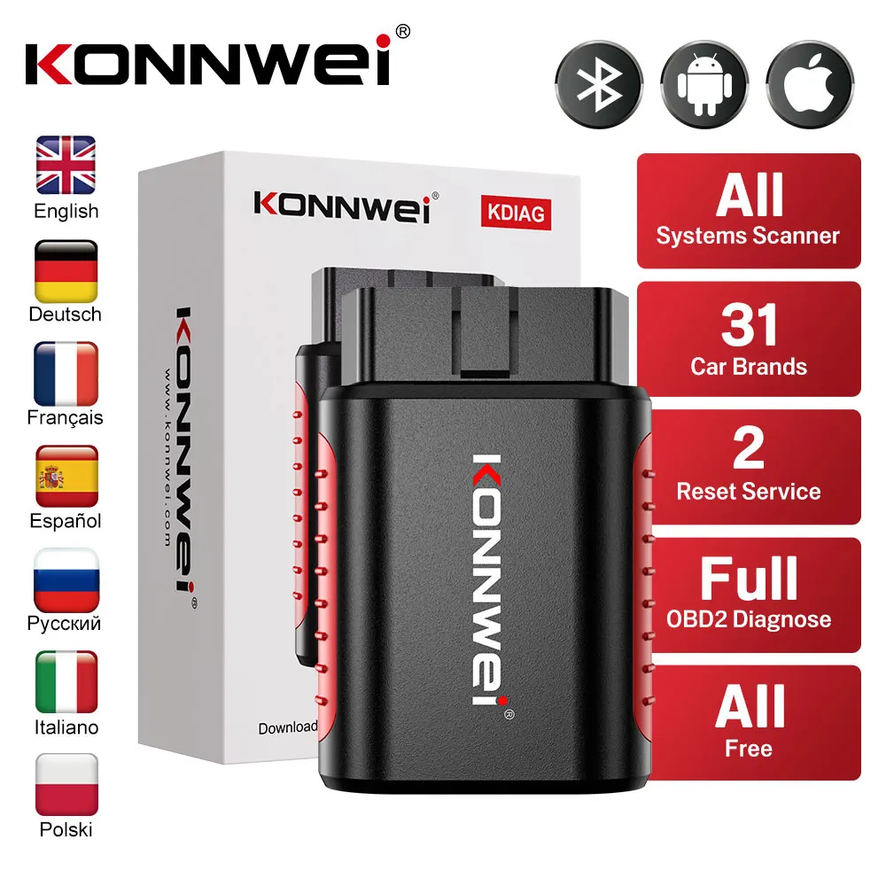 KONNWEI KDIAG Bluetooth Полная система Диагностический инструмент для автомобиля Сброс масла Сброс аккумулятора Совпадение сбросов Пожизненный бесплатный Автосканер Считыватель кодов Русский