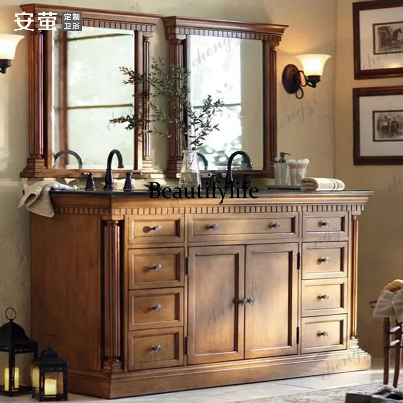 Floor-to-ceiling retro bathroom cabinet combination solid wood custom washing table hand face pool basin