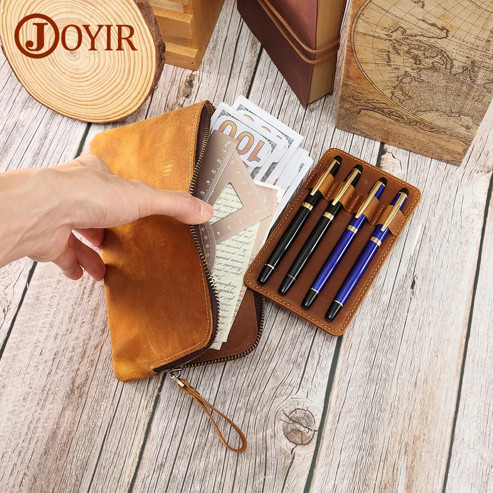 

JOYIR Luxury Genuine Leather 4 Slots Fountain Pen Case Box Stationery Pen Ruler Storage Pouch Holder with Removable Pen Tray