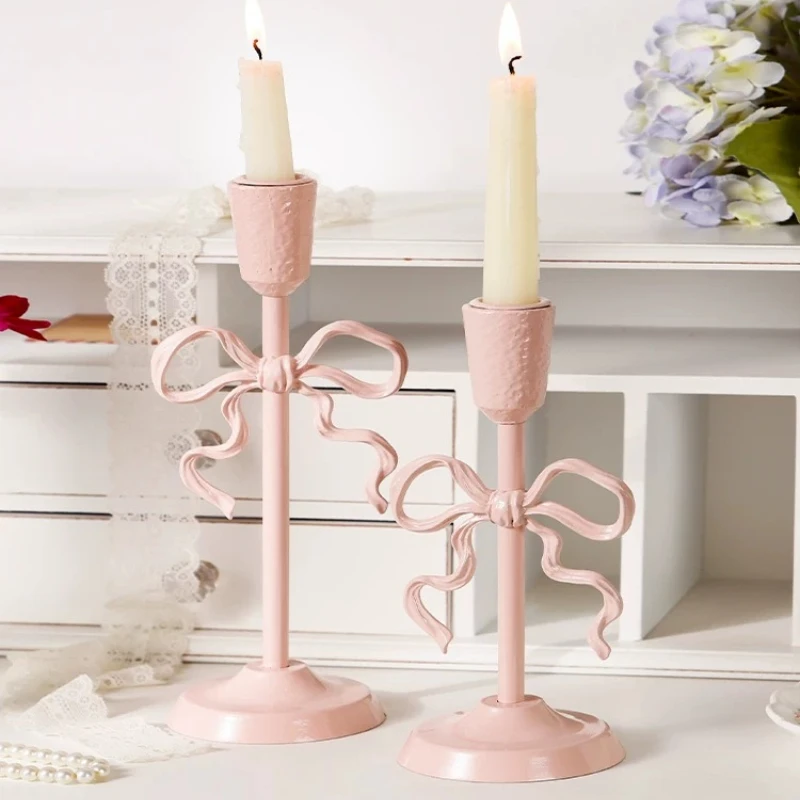 French Candle Holder Ornament Romantic Pink Bow Desktop Photo Background Retro Artistic Candle Holders Подсвечники Для Свечей