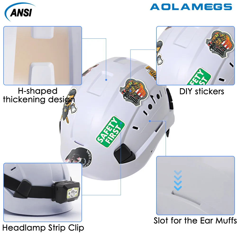 CE Safety Helmet w/ Visor Built In Goggles and 50Pcs DIY Stickers ABS Construction Hard Hat ANSI Protective Rescue Work Cap Set