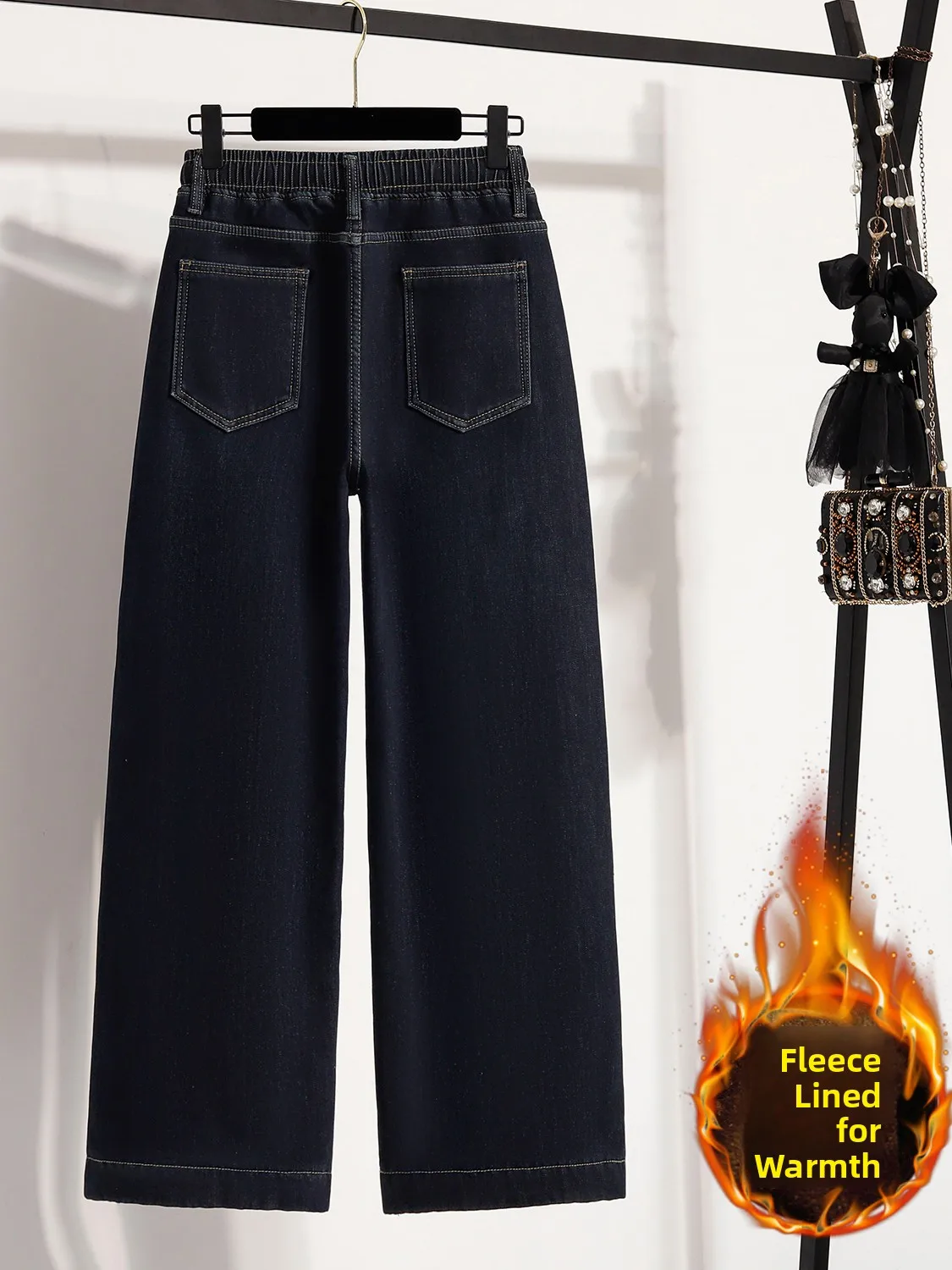 جينز كاجوال من Thiened Fce مبطن بأرجل مستقيمة وخصر مطاطي بنطال ذو قصة أرجل واسعة للنساء لخريف وشتاء بالإضافة إلى حجم العلامة التجارية Rem...