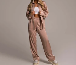 Pant Sets Women Button Shirts Two Piece Set Full Sleeve Long Pants Loose Elastic Waist Casual Solid Regular 2024 Summer