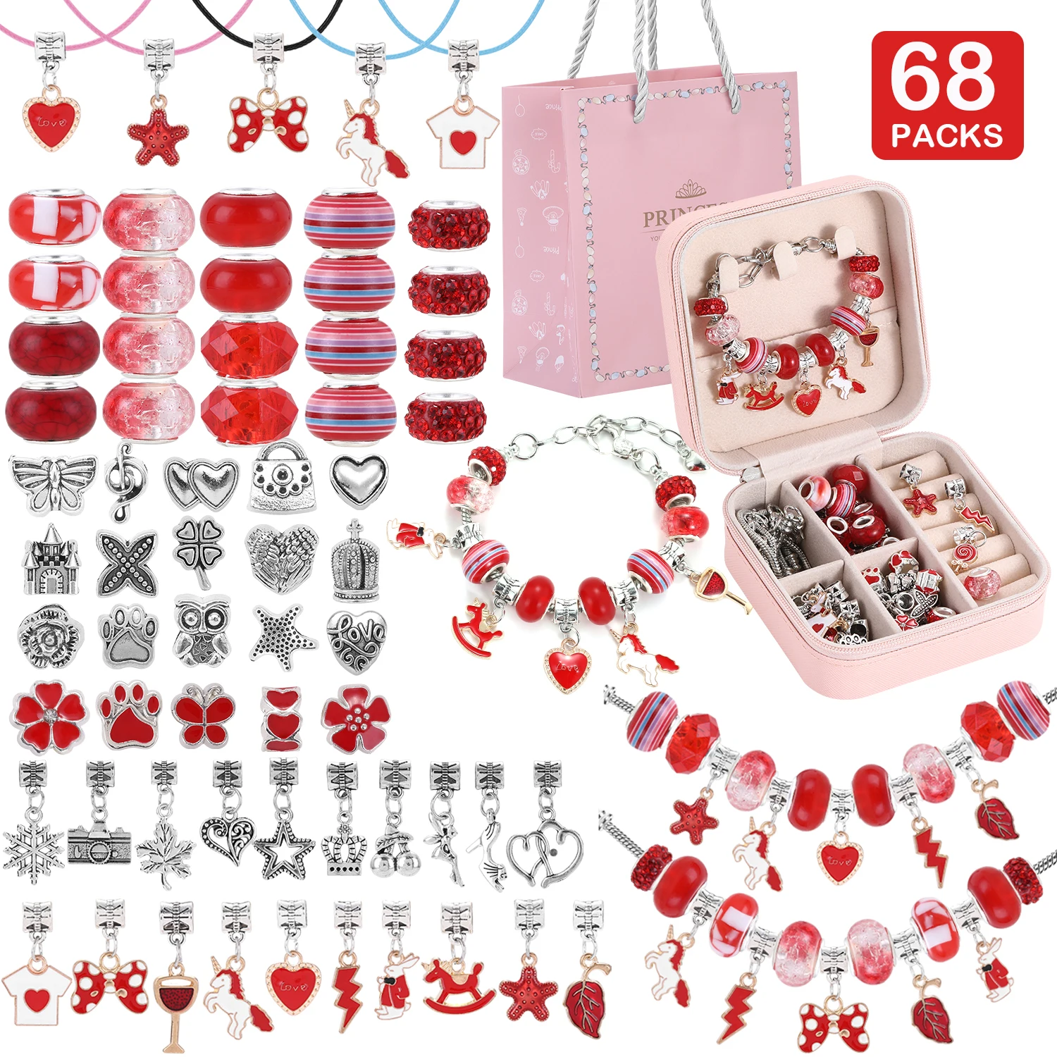 68-Piece Beaded Bracelet Making Kit, Red Series Jewelry DIY Gift Box, Christmas Craft Gift Set, With Jewelry Storage Box