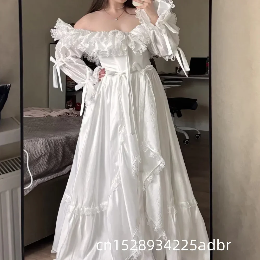 White Ruffle Off Shoulder Victorian Lolita Costume Long Sleeve Lace Trim Trailing Dress Women Dance Ball Wedding Dress New