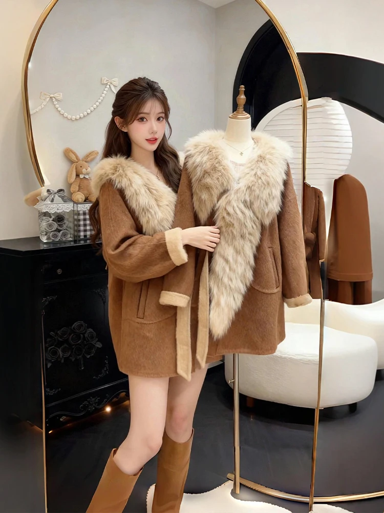 

Корейское шерстяное пальто Thened, женское зимнее шерстяное пальто большого размера плюс мм, высококачественное шерстяное пальто средней длины с воротником