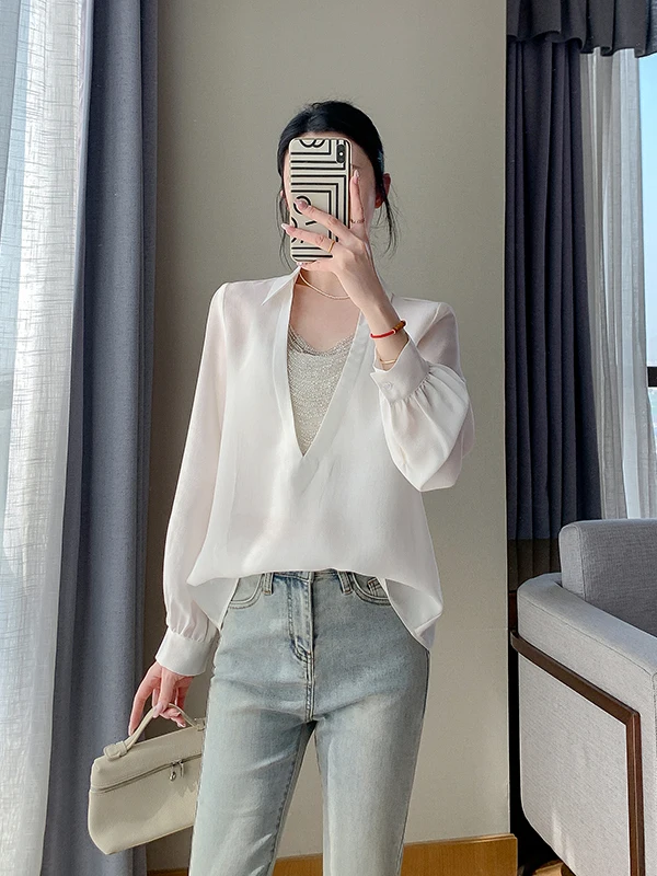 

Новая женская повседневная элегантная белая рубашка с длинным рукавом и воротником-стойкой в корейском стиле, модная, для офиса, высокое качество, премиум-класс