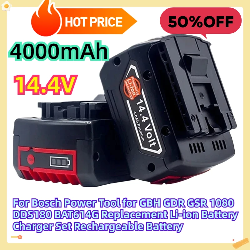 

For Bosch Power Tool 14.4V 4.0Ah for GBH GDR GSR 1080 DDS180 BAT614G Replacement Li-ion Battery Charger Set Rechargeable Battery